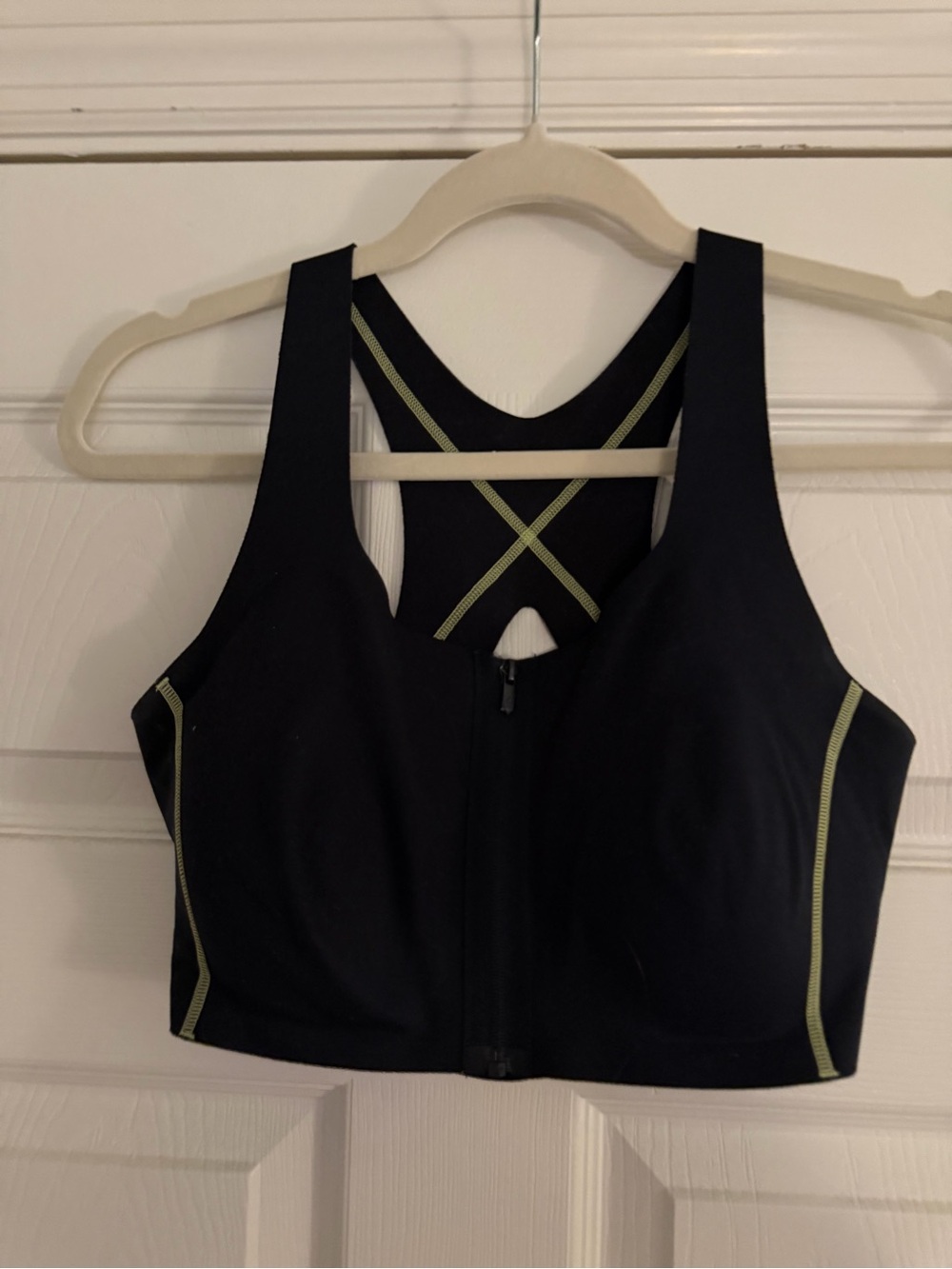 Black Front-Zip Sports Bra with Contrast Lime Stitching